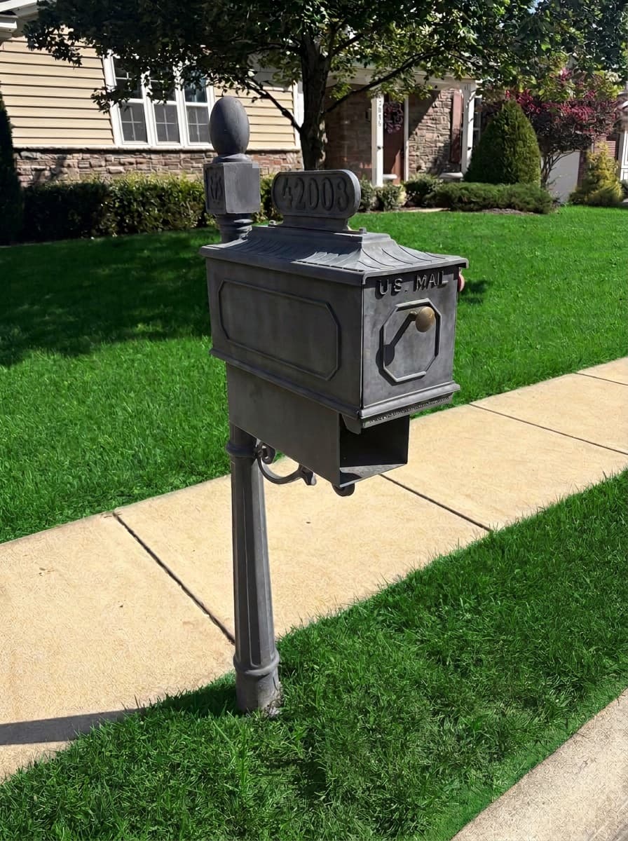 Cast-aluminum curbside mailbox and post in Brambleton, before